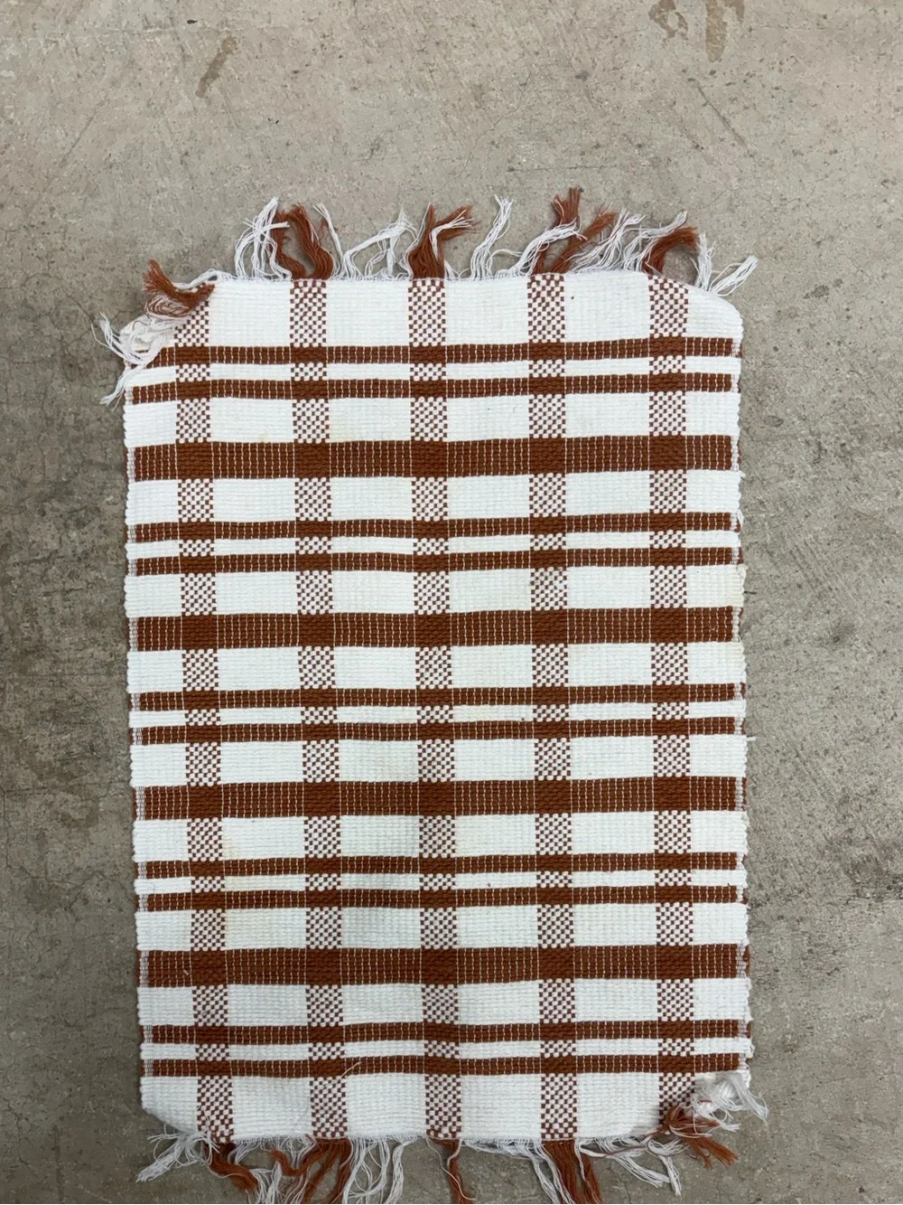 Brown and White Plaid Fabric Rectangular Placemat with Fringed Edges